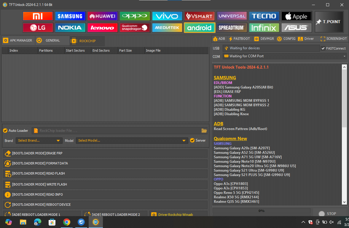 Tftunlock 2024 android module interface showing mtp browser launch options for youtube maps and settings for frp bypass.