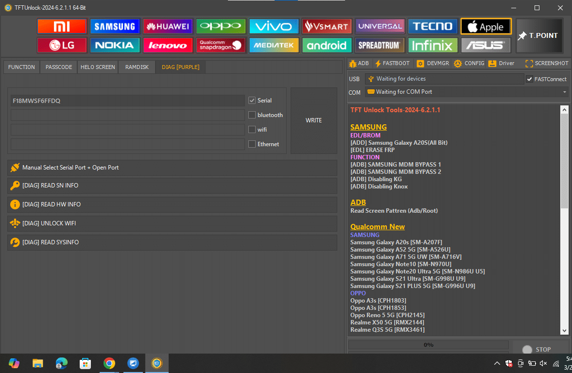 Tftunlock 2024 apple diag [purple] module featuring manual serial port selection sn reading and wi-fi unlocking capabilities.