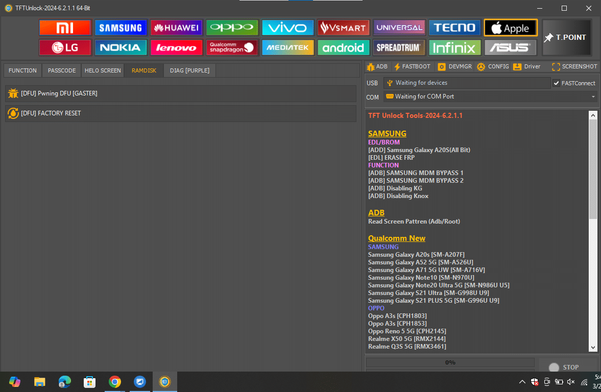 Tftunlock 2024 apple interface showing specialized ramdisk tab options for pwning dfu (gaster) and factory resetting via dfu mode.
