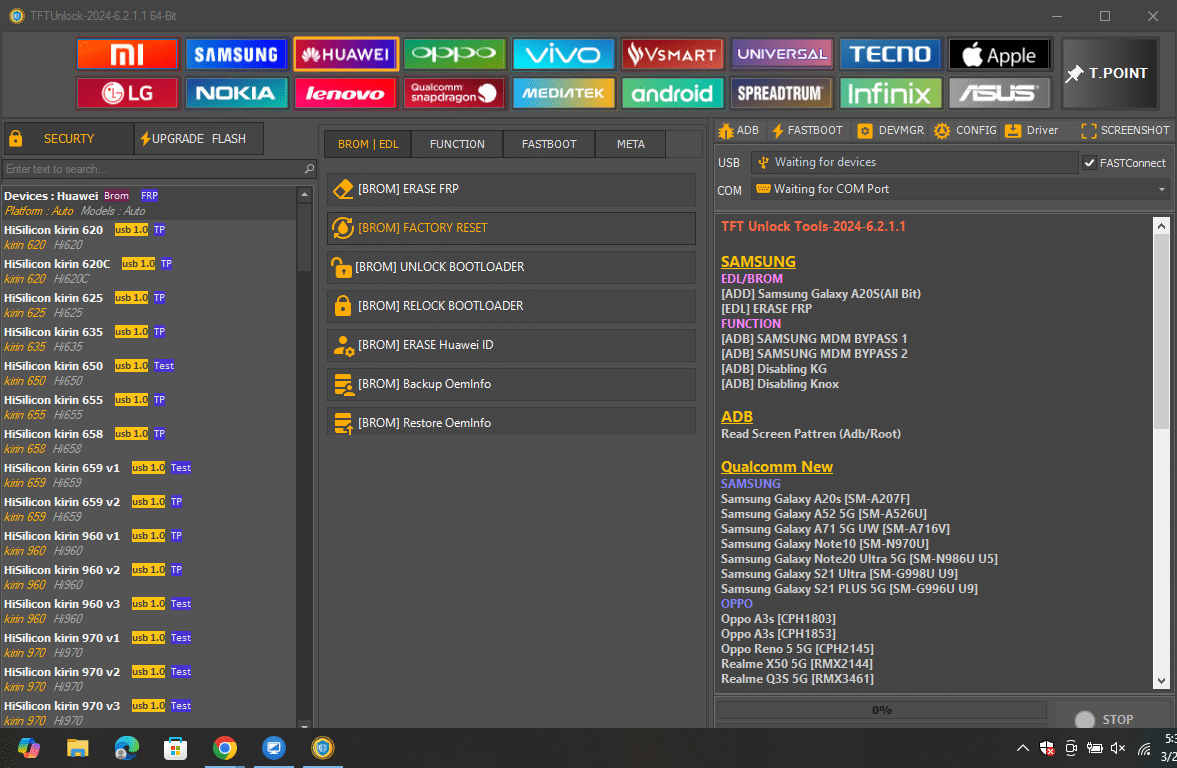Tftunlock 2024 huawei interface showing brom-mode options for kirin chipset security erasures and bootloader management.
