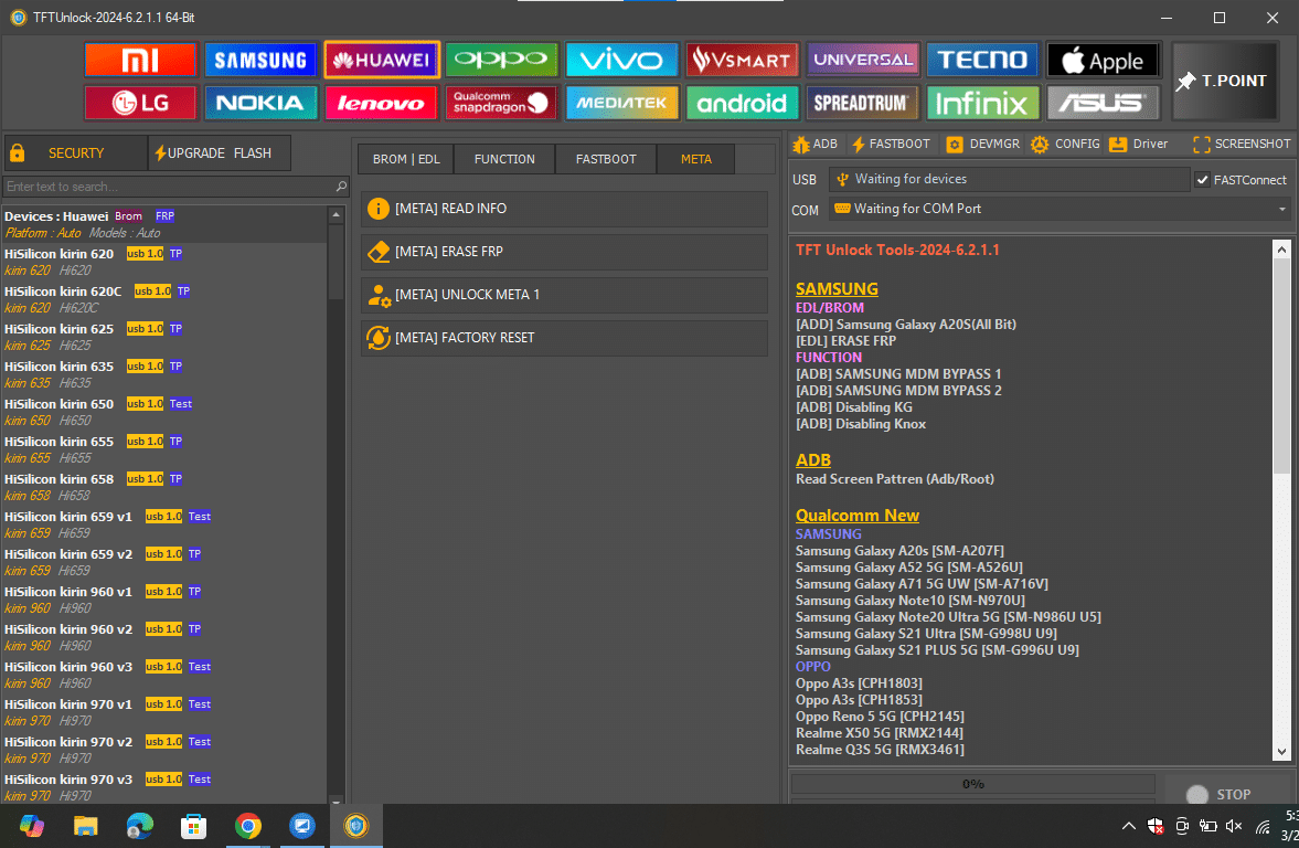 Tftunlock 2024 huawei module showing fastboot mode factory resets and meta mode security erasures for kirin chipsets.