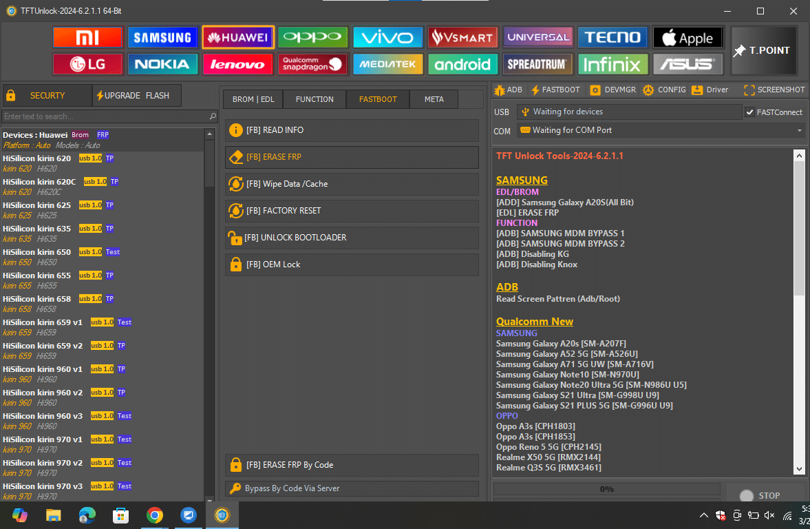 Tftunlock 2024 huawei interface showing adb and fastboot tools for resetting passcodes removing demo modes and factory resetting kirin devices.