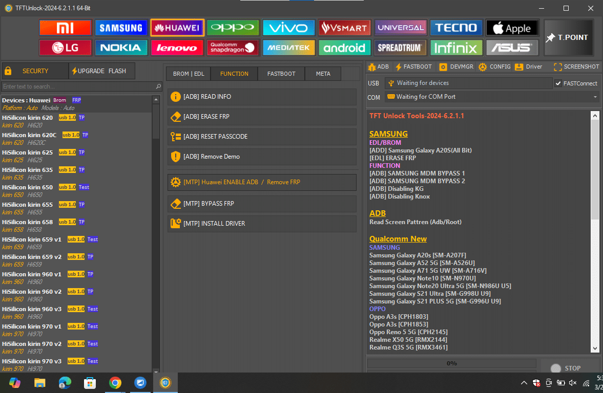 Tftunlock 2024 huawei function tab showing adb and mtp tools for passcode resetting demo removal and frp bypassing.