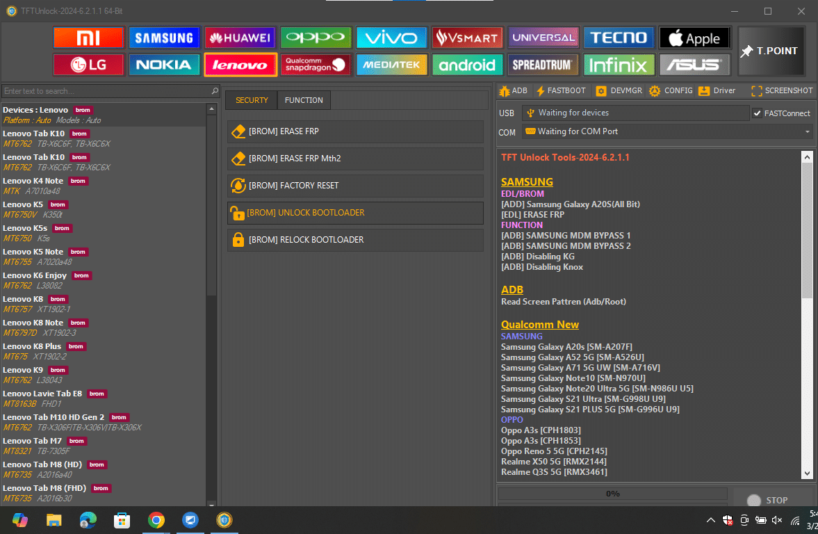 Tftunlock 2024 lenovo interface highlighting brom-mode factory resets and bootloader management for tab m series and k series mobile devices.