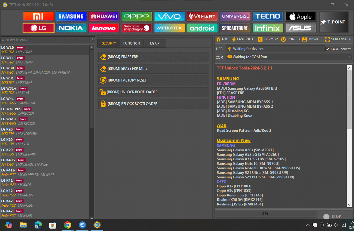 Tftunlock 2024 lg interface highlighting brom-mode factory resets and bootloader unlocking for lg w and k series models.