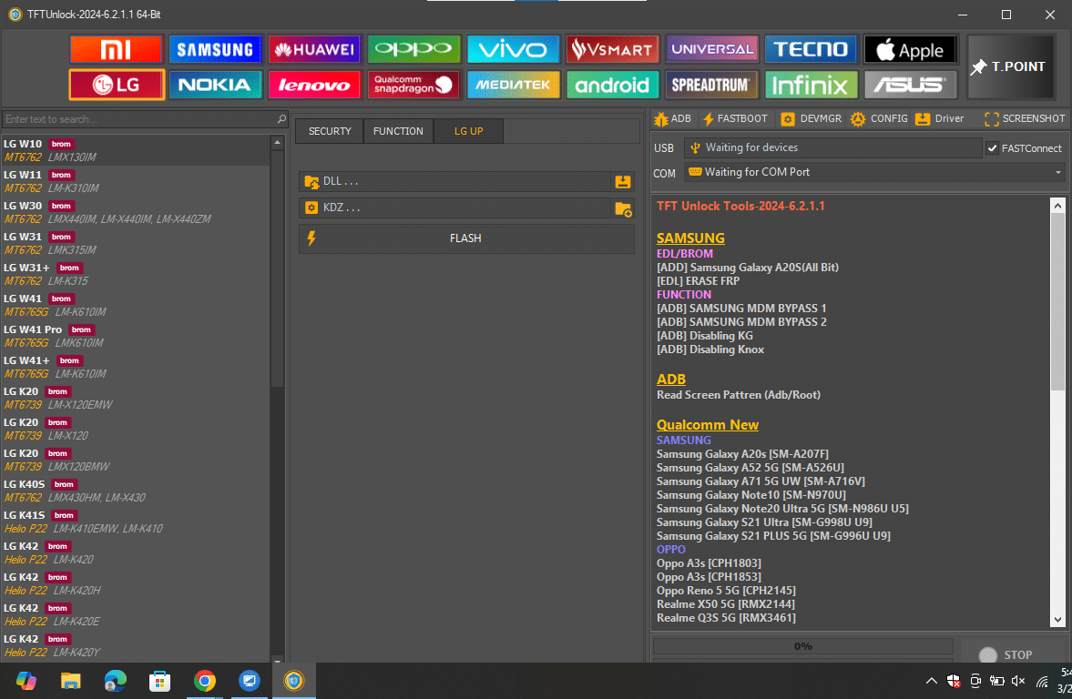 Tftunlock 2024 lg interface highlighting brom-mode factory resets and com-port specialized screen lock removal methods.