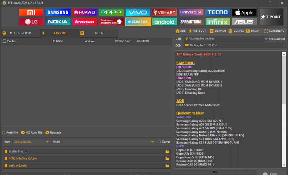 Tftunlock 2024 mtk universal interface showcasing scatter file flashing da/auth file selection and chipset-level security bypassing.