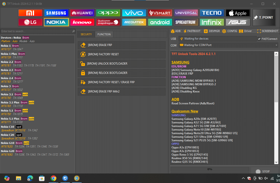 Tftunlock 2024 nokia interface highlighting brom-mode factory resets and bootloader management for mtk and spreadtrum models.
