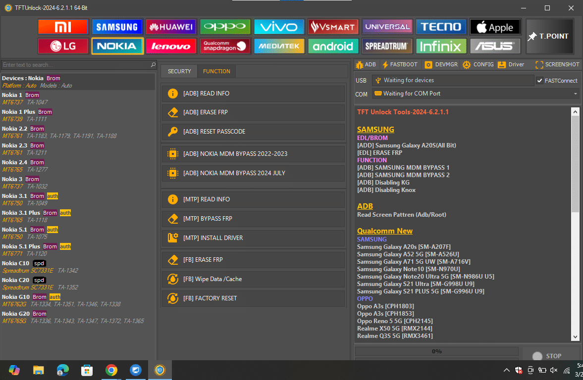 Tftunlock 2024 nokia interface showing brom-mode security resets and specialized adb-mode mdm bypassing for 2022-2024 models.