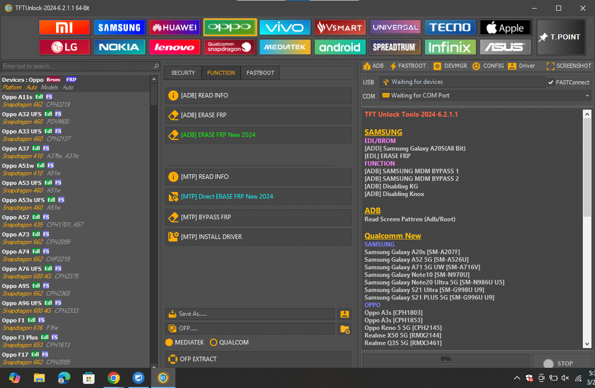 Tftunlock 2024 oppo/realme tab with options for brom-mode factory resets frp erasures and qualcomm-mode ofp extraction.