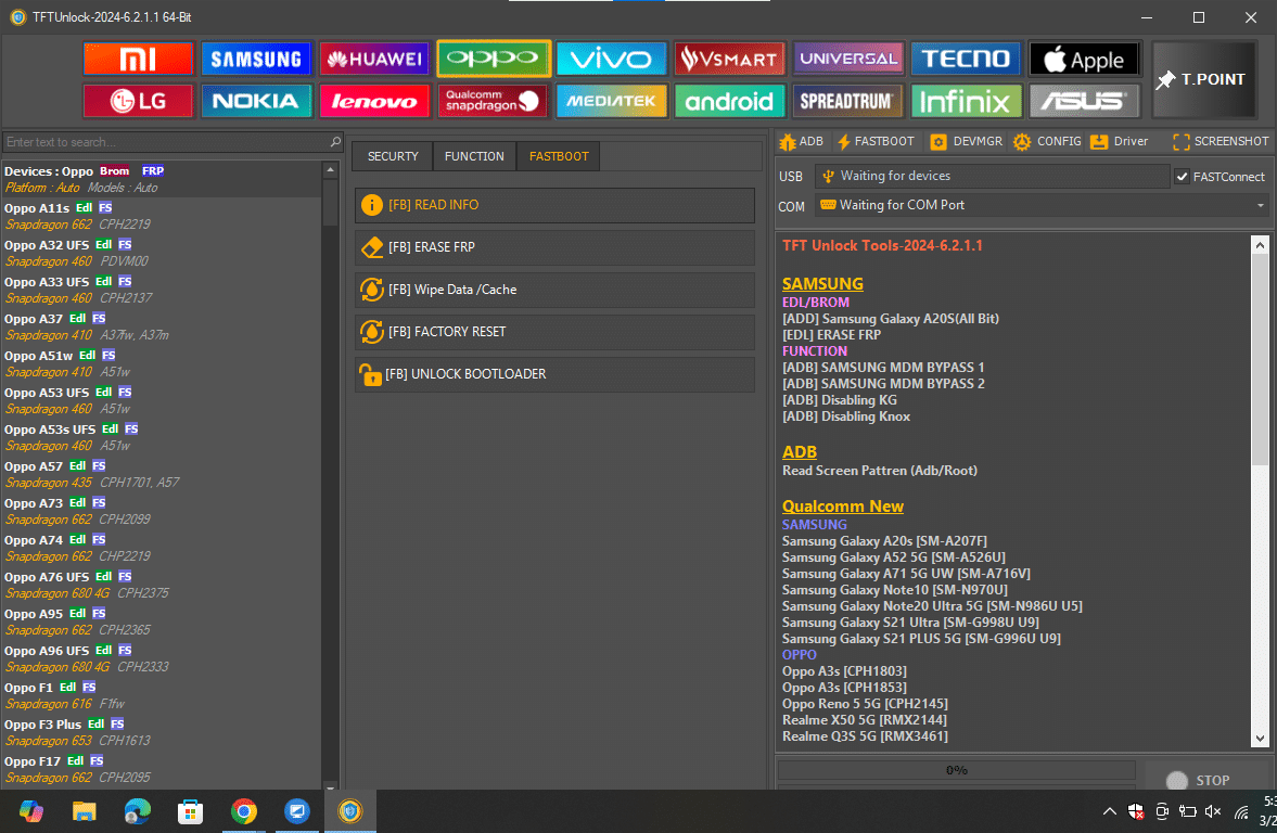 Tftunlock 2024 oppo/realme module highlighting fastboot-mode wipe data and brom-level factory reset options.