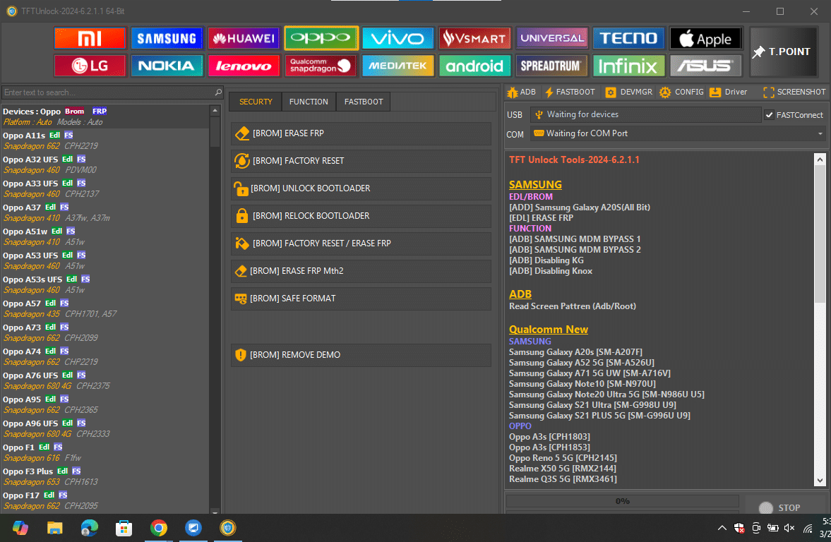 Tftunlock 2024 interface highlighting oppo and realme 5g support including factory resets and frp erasures for reno 5 and x50 models.