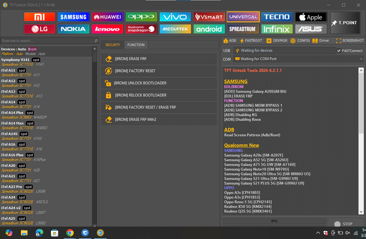 Tftunlock 2024 interface for oppo and universal brands highlighting brom-mode safe formatting and mtp-mode direct frp erasures.