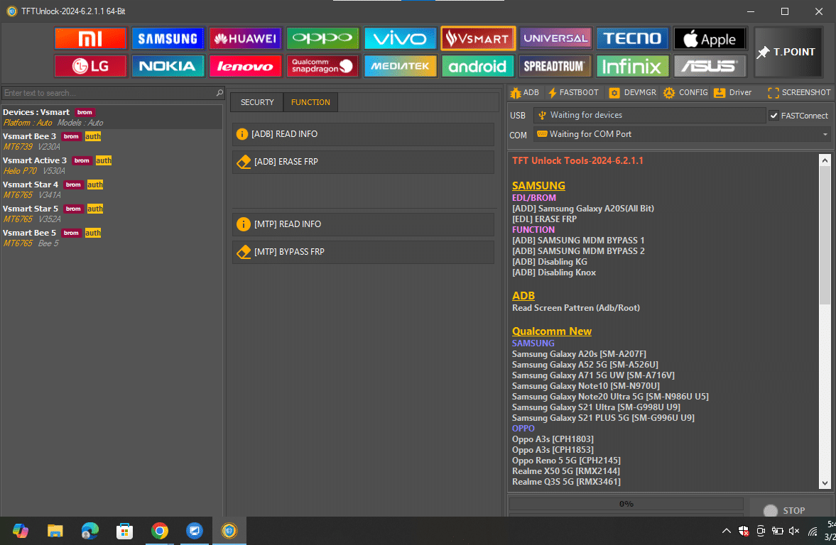 Tftunlock 2024 interface for oppo vivo and vsmart highlighting brom-mode safe formatting and mtp-mode direct frp erasures.