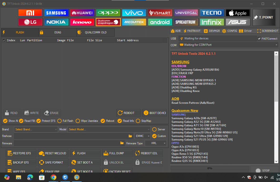 Tftunlock 2024 qualcomm snapdragon interface showcasing edl-mode flashing partition management and efs restoration.