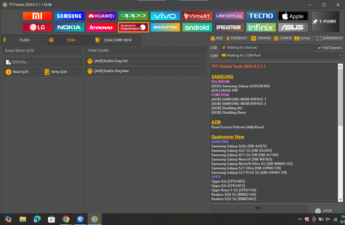 Tftunlock 2024 qualcomm interface showcasing universal edl-mode flashing efs restoration and adb-mode diagnostic enabling.