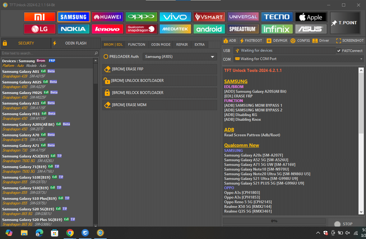 Tftunlock 2024 samsung security interface showing brom mode options for erasing frp factory resets and bootloader management.