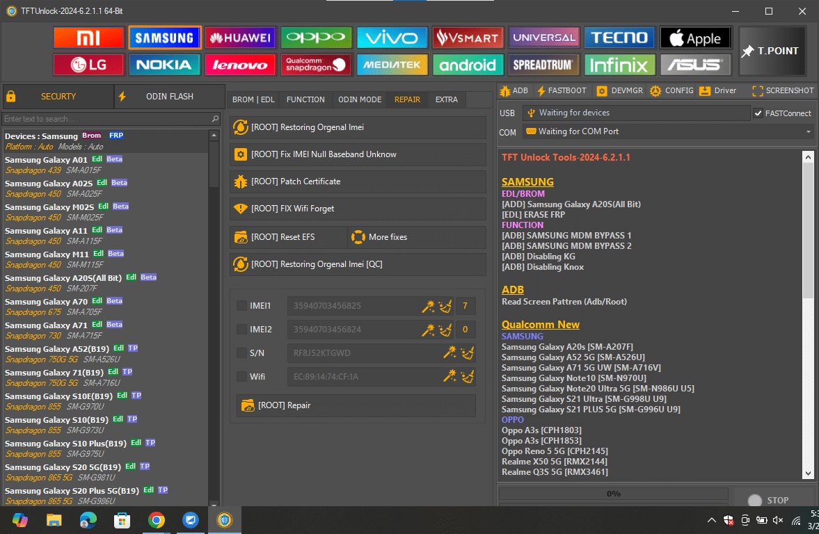Tftunlock 2024 interface for samsung root-level repairs including imei restoration patch certificates and wi-fi fix tools.