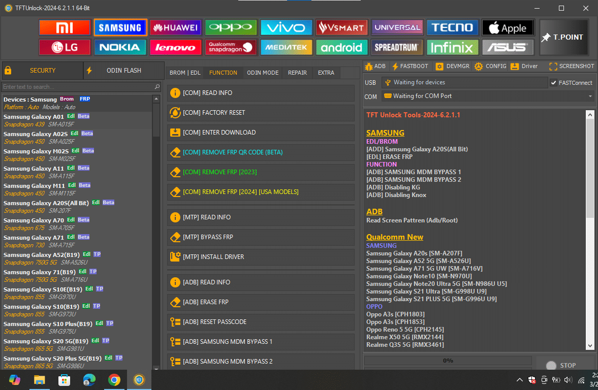 Tftunlock 2024 samsung interface showcasing com mtp and adb functions for removing frp and bypassing mdm enterprise locks.