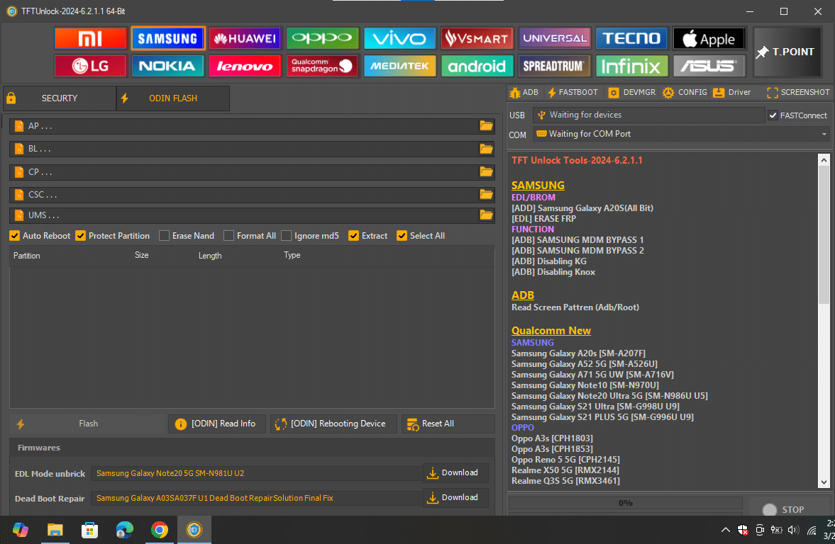 Tftunlock 2024 samsung odin interface showing dedicated slots for bl ap cp and csc firmware partitions and automated flashing logs.