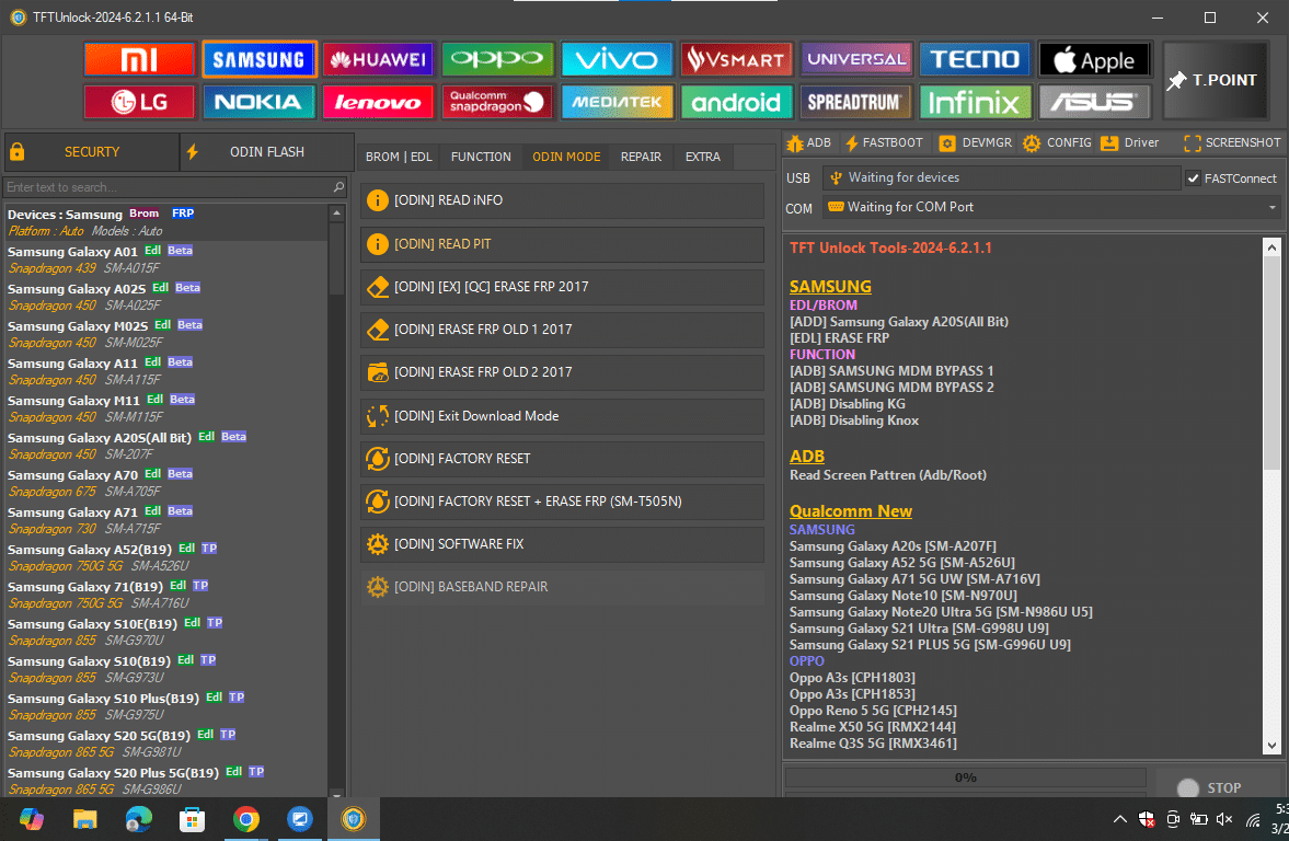Tftunlock 2024 samsung interface showing odin mode options for factory resets pit file reading and baseband repairs.