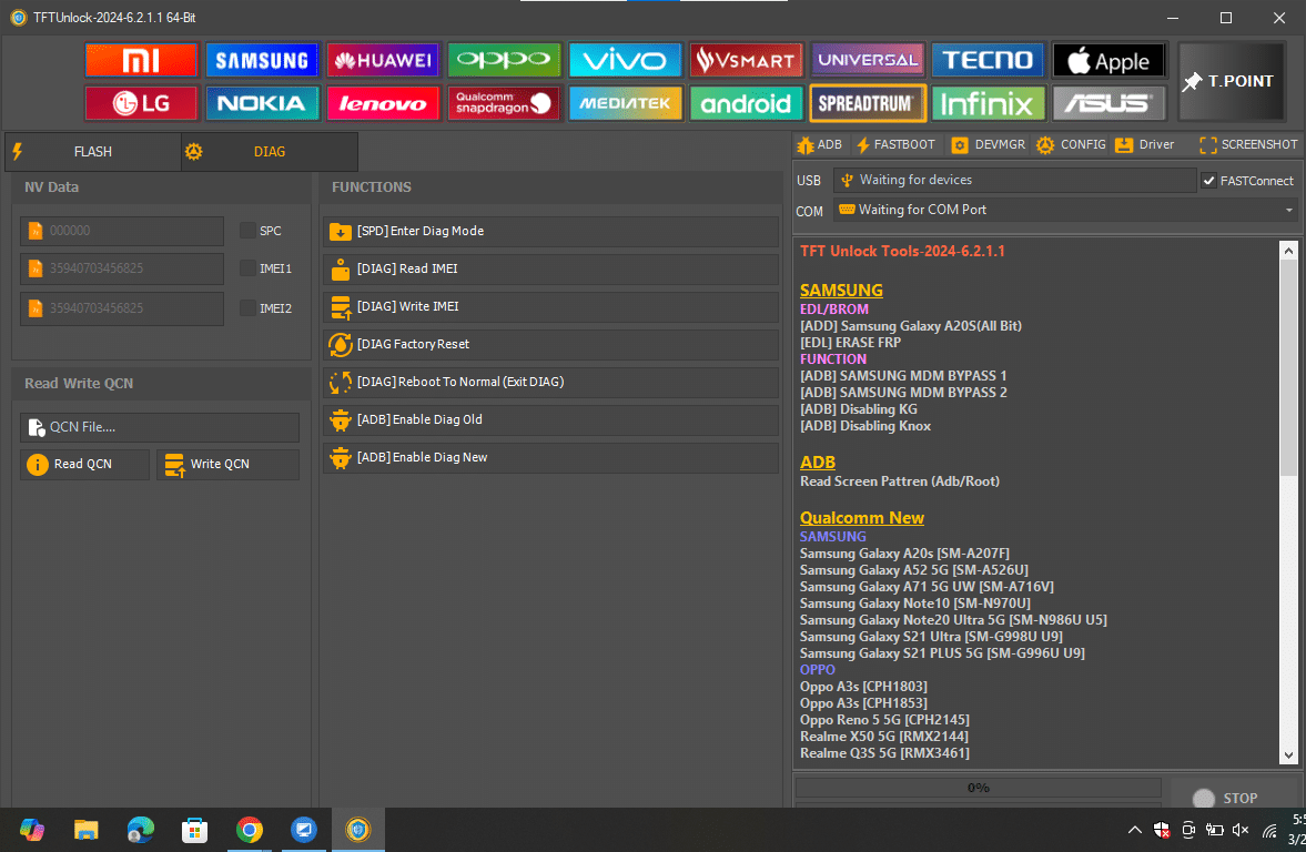 Tftunlock 2024 spreadtrum diag tab with nv data editing imei writing and qcn read/write functions.