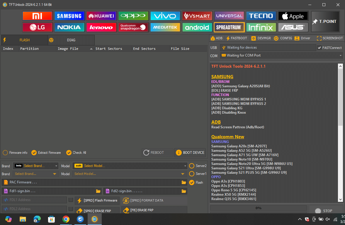 Tftunlock 2024 spreadtrum interface for flashing pac firmware files and performing fdl-based frp erasures.