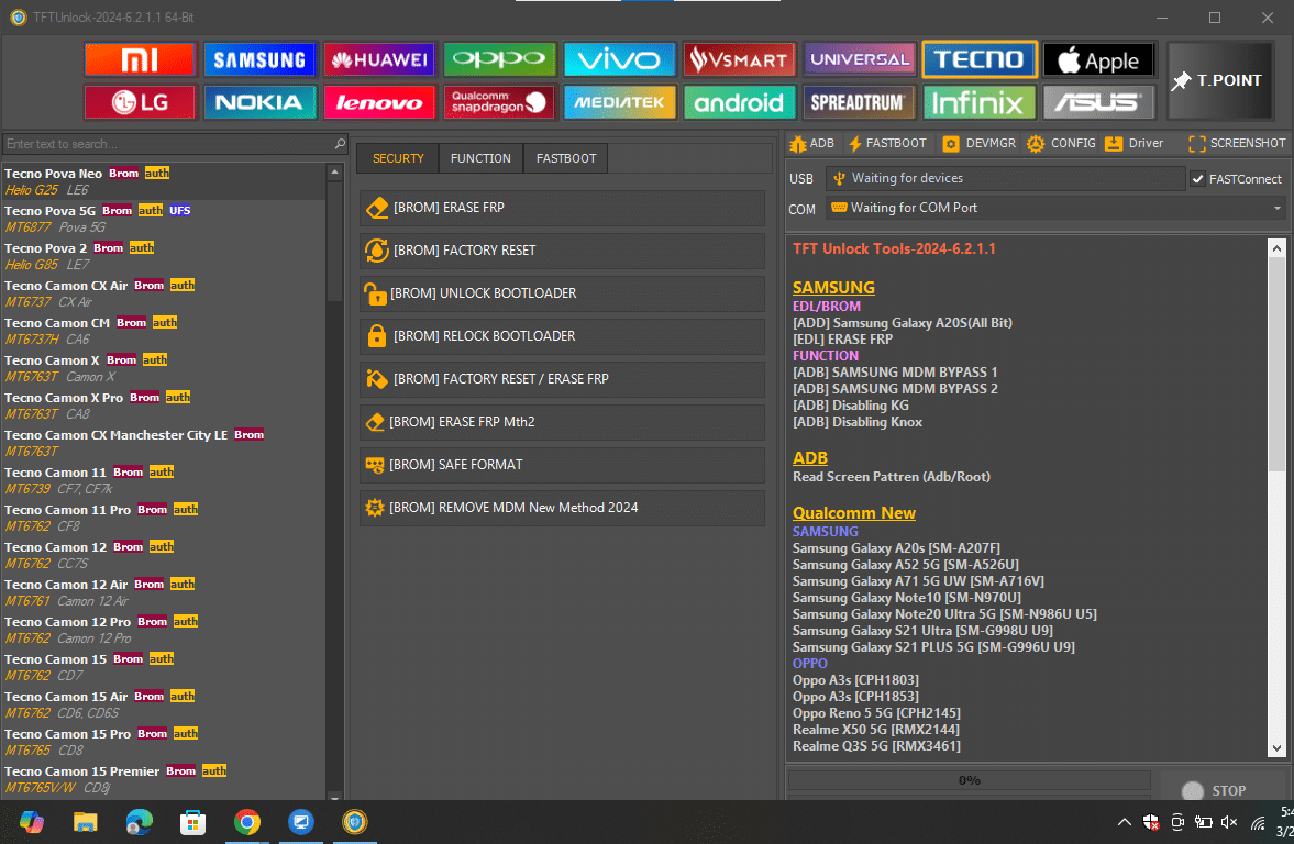 Tftunlock 2024 tecno interface highlighting brom-mode mdm removal (new method 2024) and safe formatting for pova and camon series.