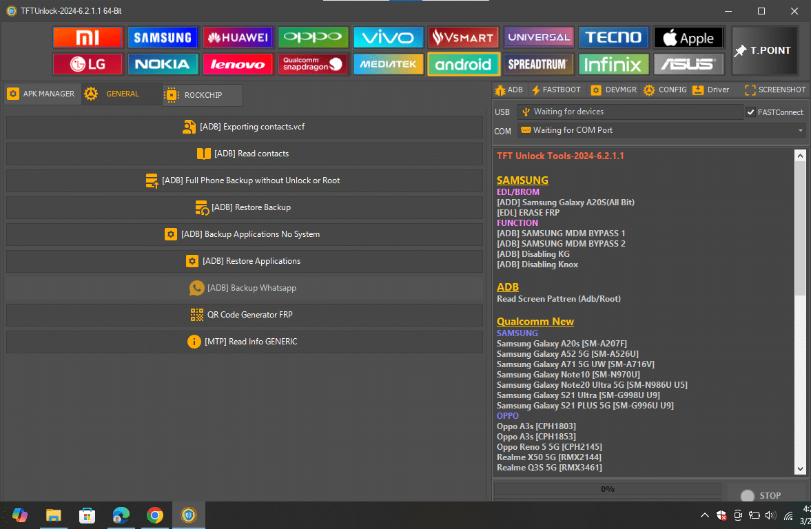 Tftunlock 2024 general android module highlighting adb-mode contact exporting full phone backups without root and whatsapp restoration.