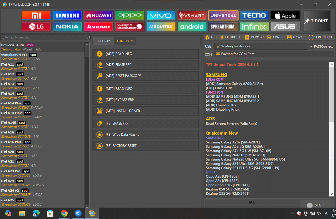 Tftunlock 2024 universal interface showing brom-mode factory resets and bootloader management for symphony and itel devices.