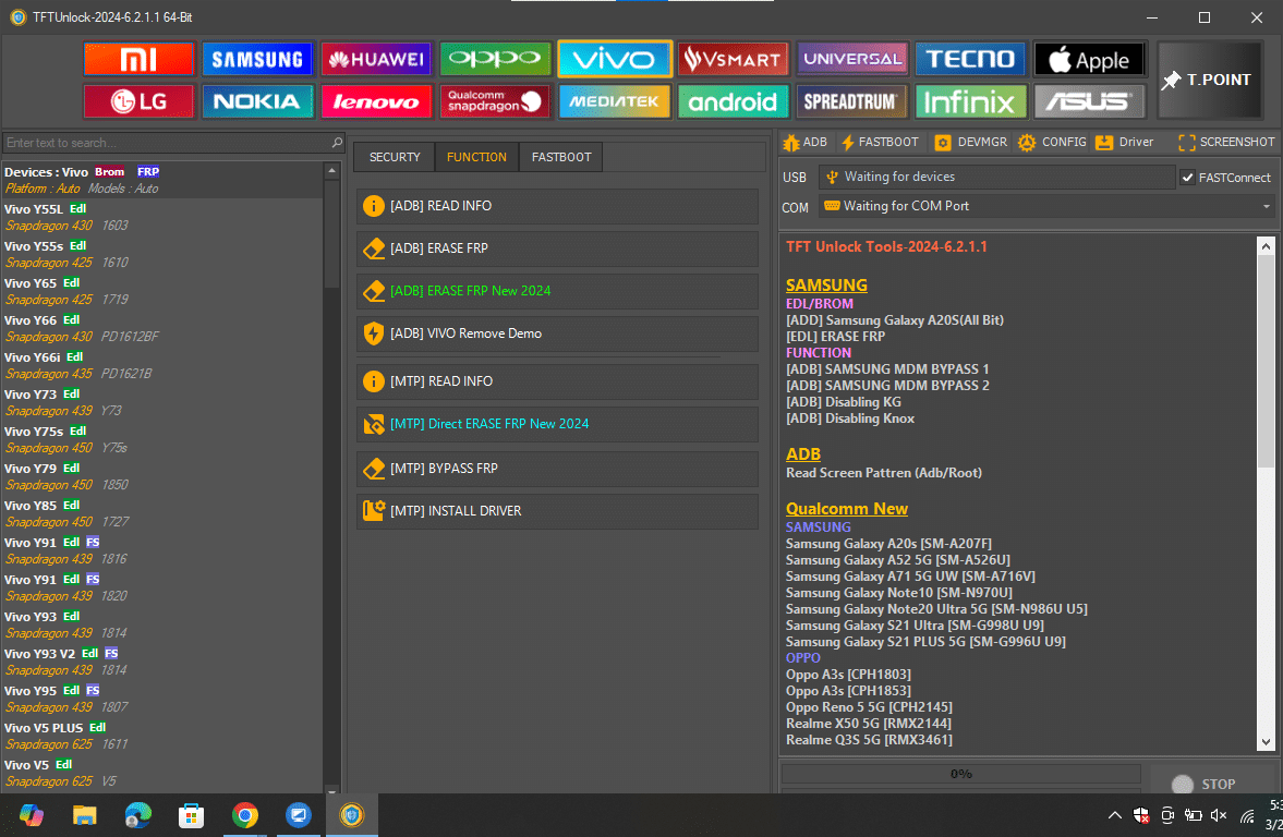Tftunlock 2024 vivo module interface showing specialized tools for adb-mode demo removal and brom-level hardware resets.