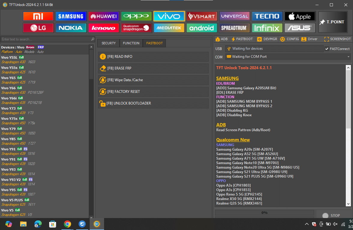Tftunlock 2024 vivo interface showing specialized mtp-mode frp erasures and adb-mode tools for removing retail demo locks.