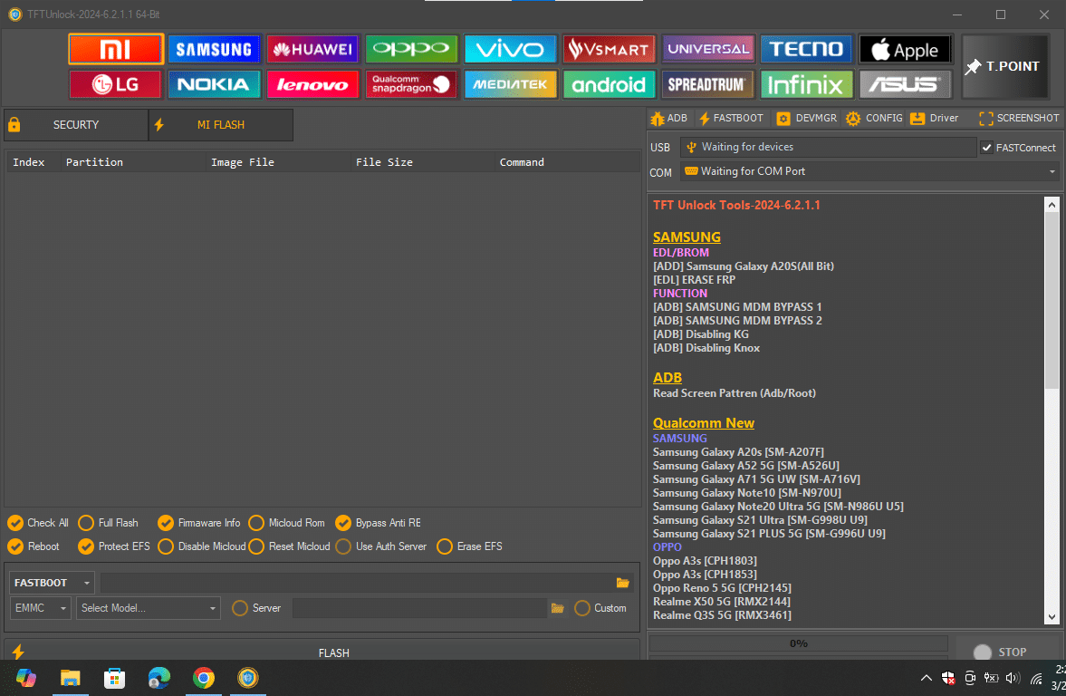 Tftunlock 2024 xiaomi flashing interface showing partition loading firmware path selection and fastboot/edl flashing progress.