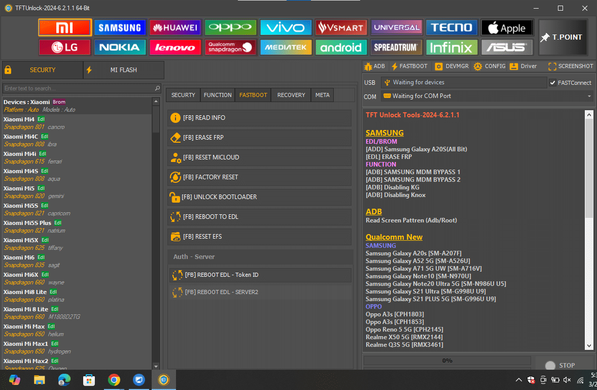Tftunlock 2024 xiaomi fastboot interface showing options for unlocking bootloaders resetting mi cloud and rebooting to edl.