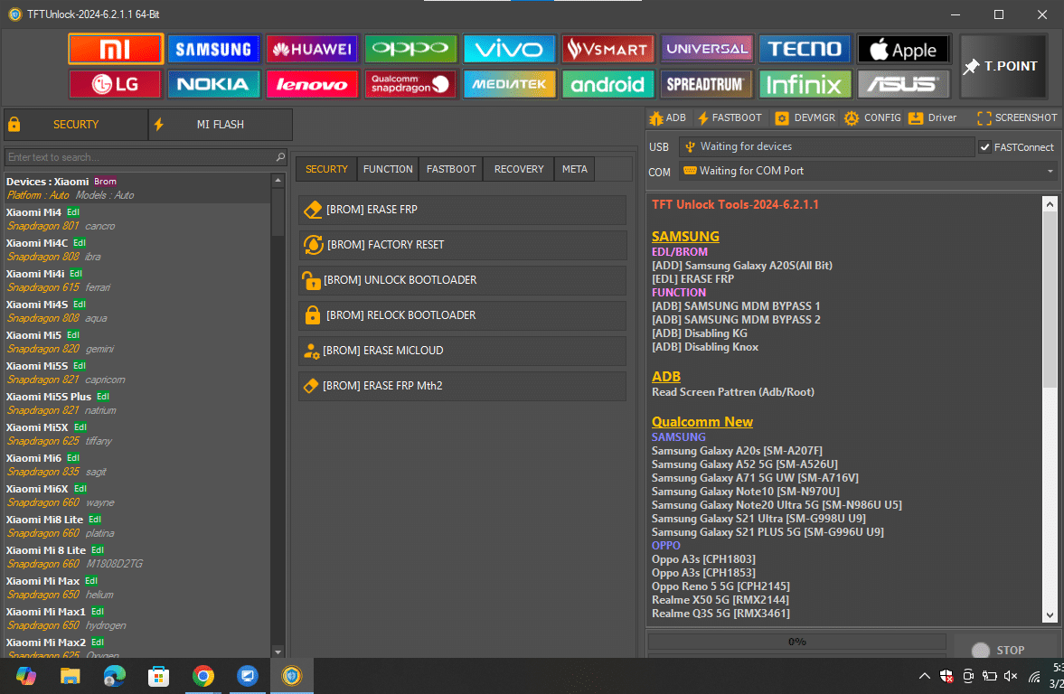 Tftunlock 2024 xiaomi interface showing brom and sideload mode options for mi account bypassing and factory resets.