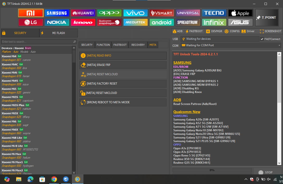 Tftunlock 2024 xiaomi module showing meta mode mi cloud resets and sideload recovery operations.