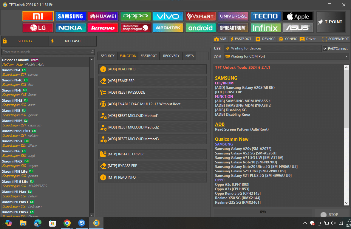 Tftunlock 2024 xiaomi module interface featuring adb-mode mi cloud resetting methods and diag mode activation for miui 12-13.