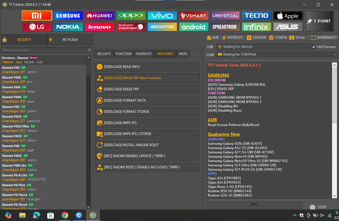 Tftunlock 2024 xiaomi recovery interface for sideload-mode data formatting frp erasure and magisk root installation.