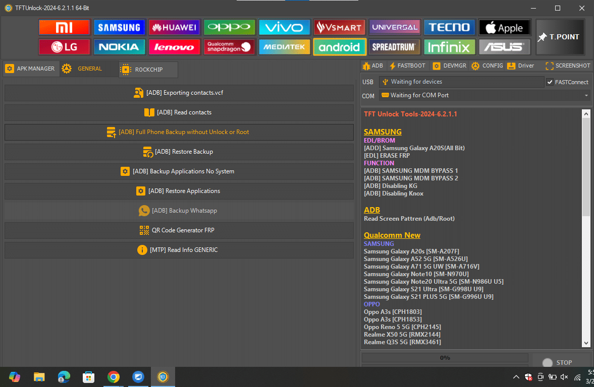 Screenshot of tftunlock software showing android adb service functions and mobile brand icons on a windows desktop.