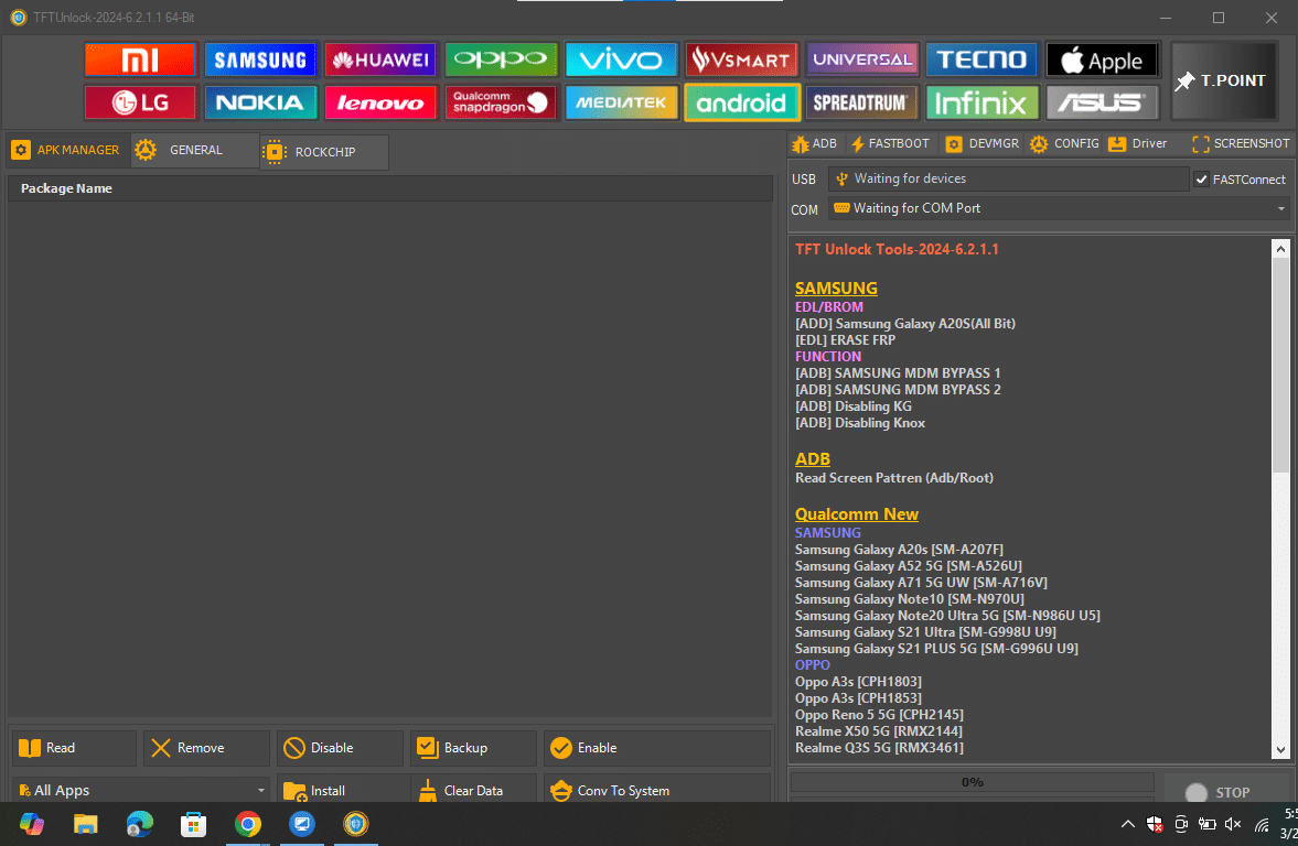 Tftunlock software xiaomi menu showing brom options for factory reset bootloader unlock and mi cloud removal.