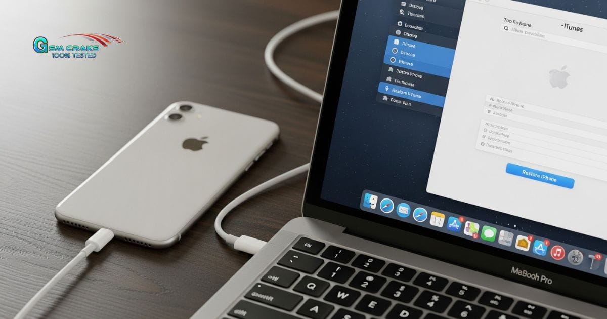 Remove Iphone Demo Mode Using Itunes Showing Laptop Screen With Itunes Open And Iphone Connected For Factory Restore