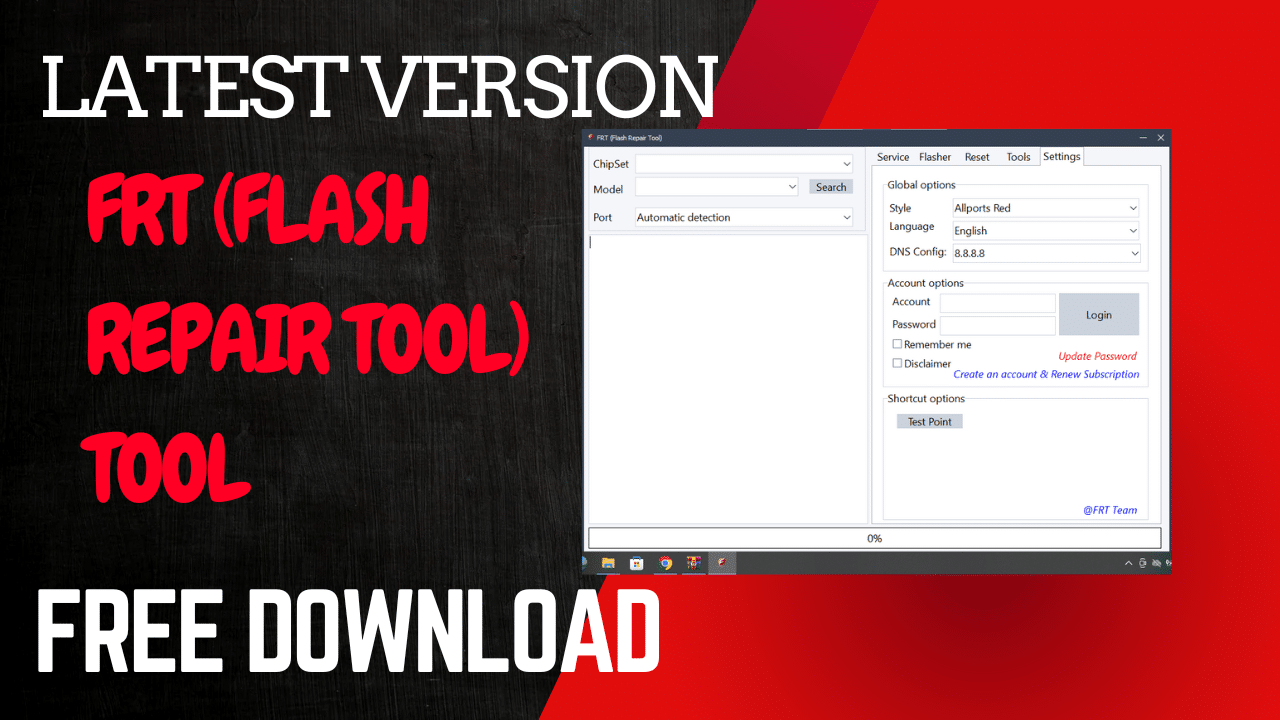 "frt (flash repair tool) software interface showing service flasher tools and settings tabs for android device repair and flashing"