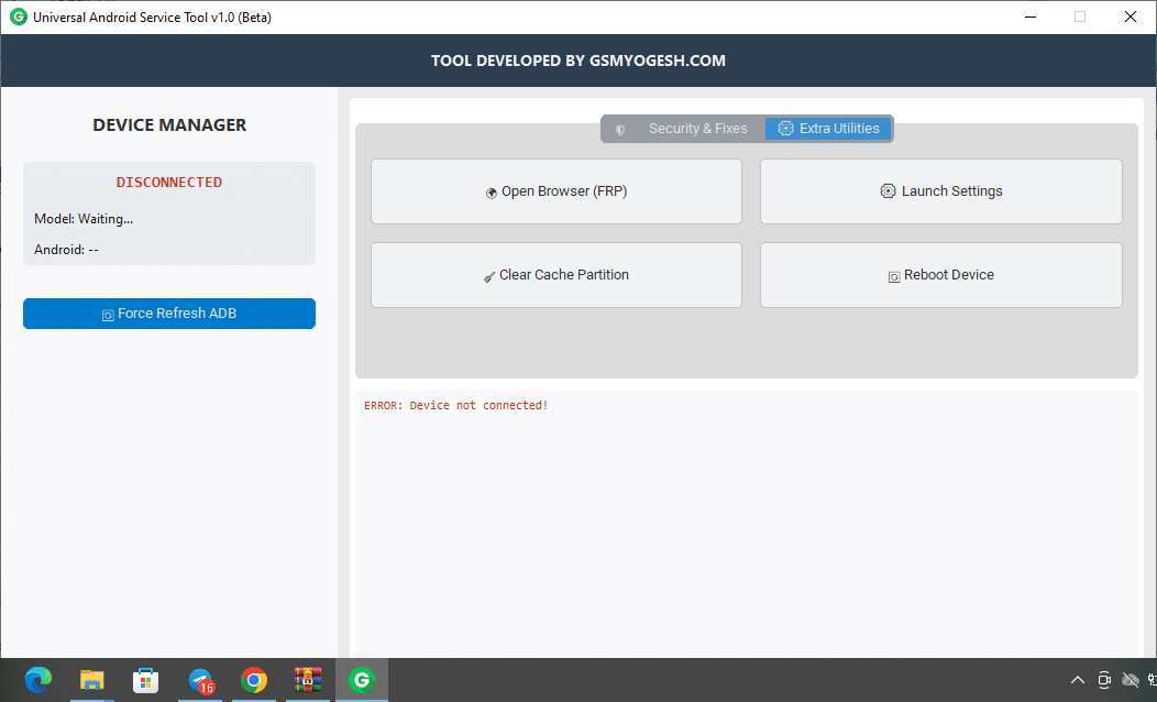 “universal android service tool interface showing frp knox removal mtk fix and adb utilities. ”