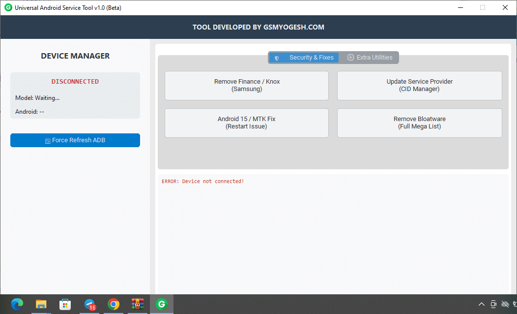 “universal android service tool interface showing frp knox removal mtk fix and adb utilities. ”