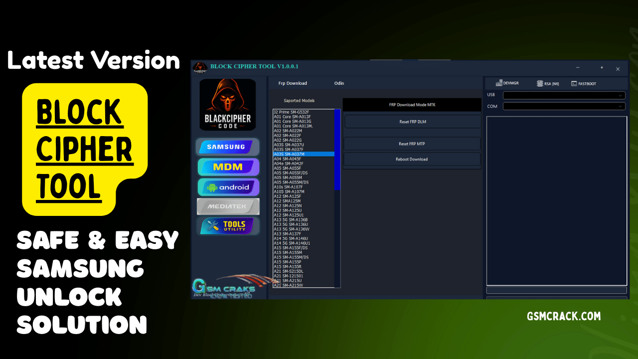 Screenshot of block cipher tool v1. 0. 0. 1 showing frp reset adb functions and device management interface