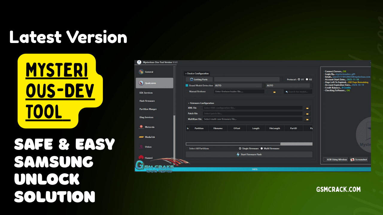 Mysterious-dev tool v1. 0. 9 software interface showing qualcomm mediatek huawei xiaomi samsung and apple device flashing and frp removal features