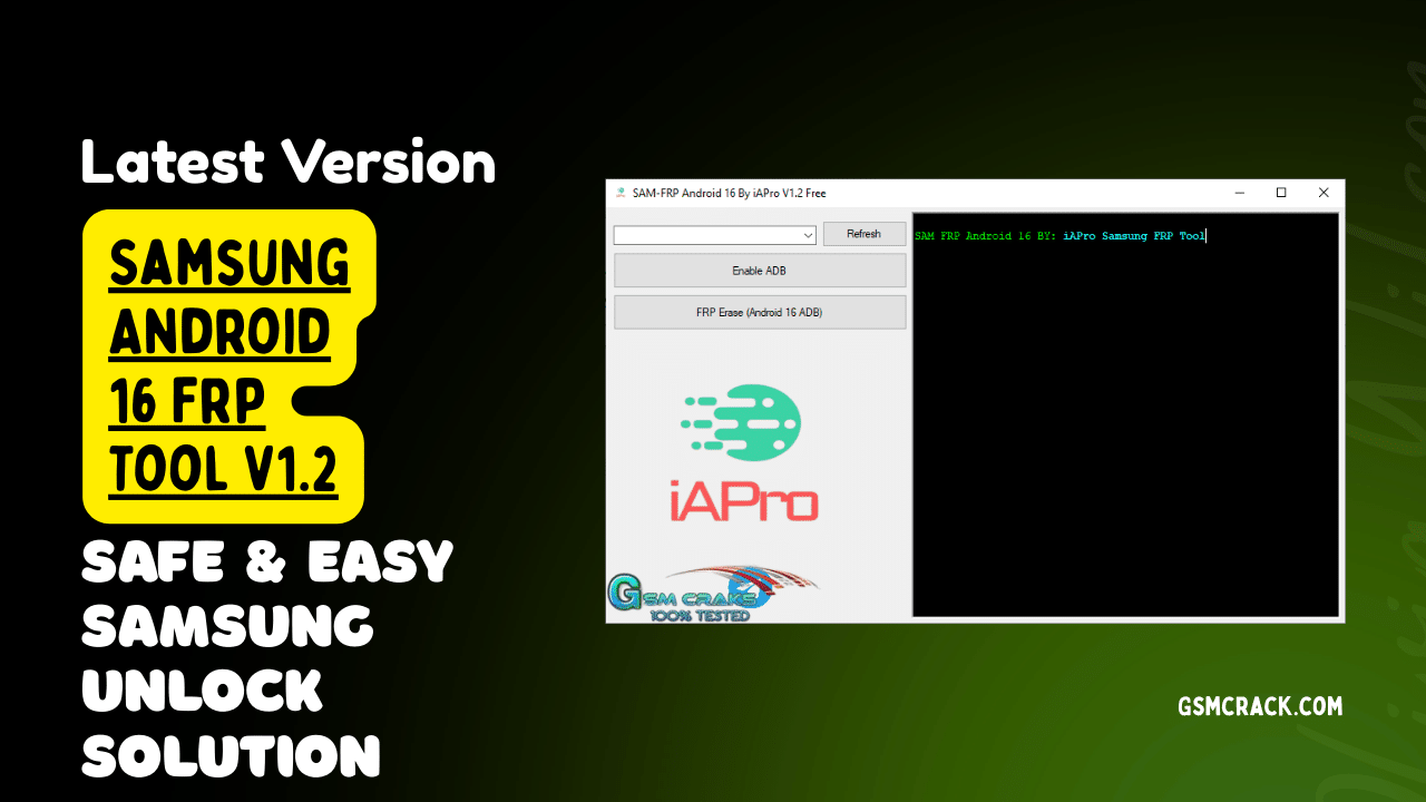 Screenshot of samsung android 16 frp tool v1. 2 showing device/port select enable adb function and frp erase features on windows gui.