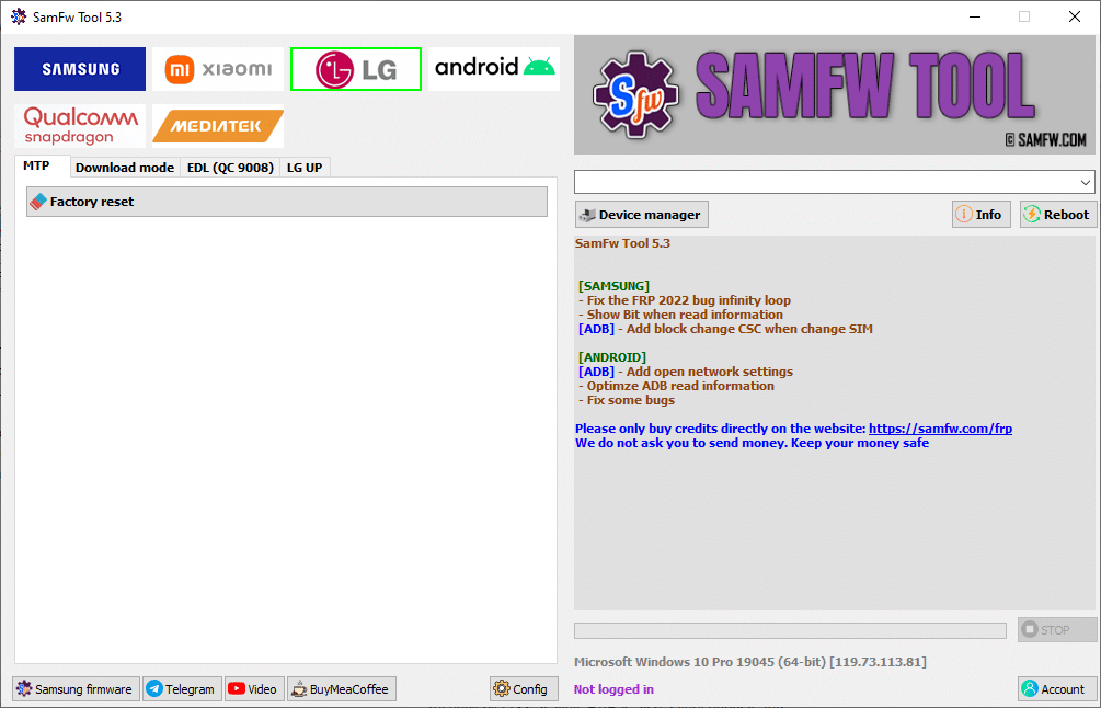 Samfw frp tool v4. 2 interface showing frp bypass options for samsung devices
