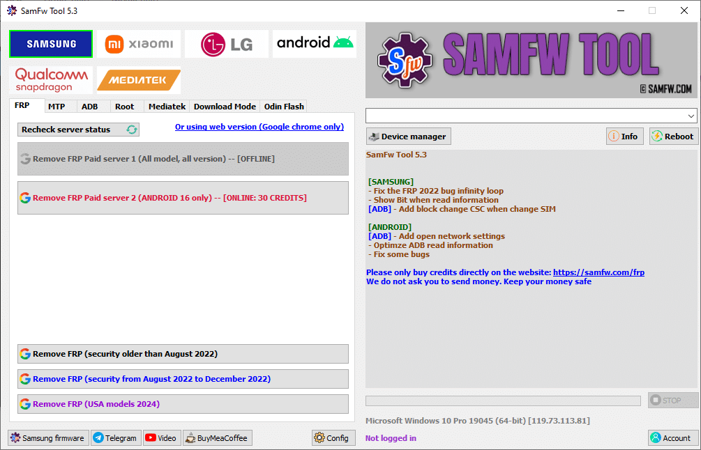 Samfw tool v1. 21. 0 interface showing samsung frp and mdm unlock options