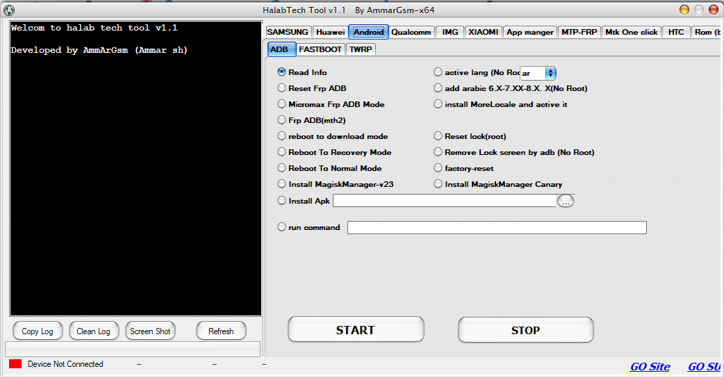 Halabtech tool v1. 1 interface showing mobile servicing and frp unlock options